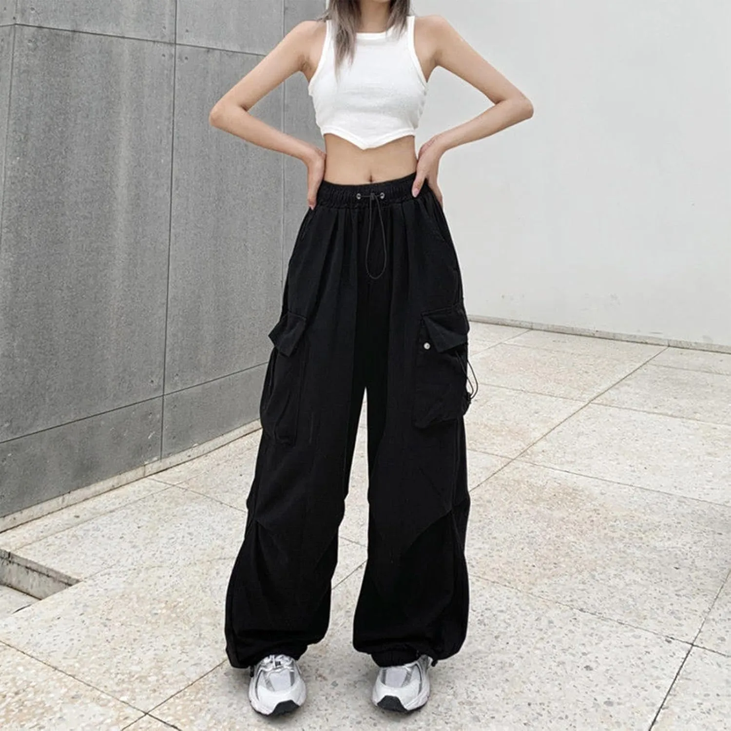 Cargo Pants Women Baggy Y2K High Waisted Plus Size Camo Parachute Track Pants Elastic Adjustable Hiking Joggers with Pockets