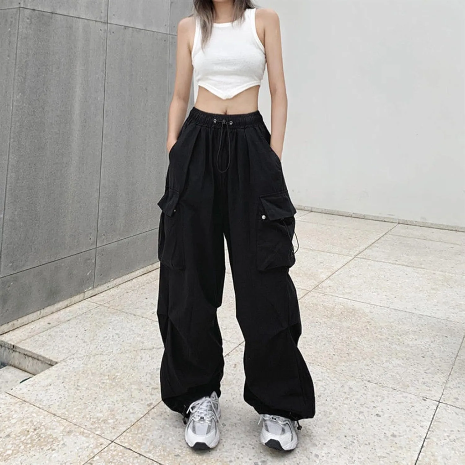Cargo Pants Women Baggy Y2K High Waisted Plus Size Camo Parachute Track Pants Elastic Adjustable Hiking Joggers with Pockets