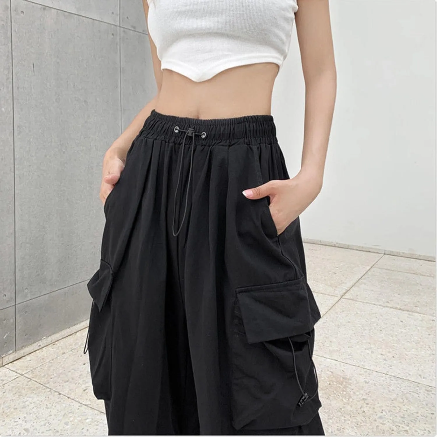 Cargo Pants Women Baggy Y2K High Waisted Plus Size Camo Parachute Track Pants Elastic Adjustable Hiking Joggers with Pockets