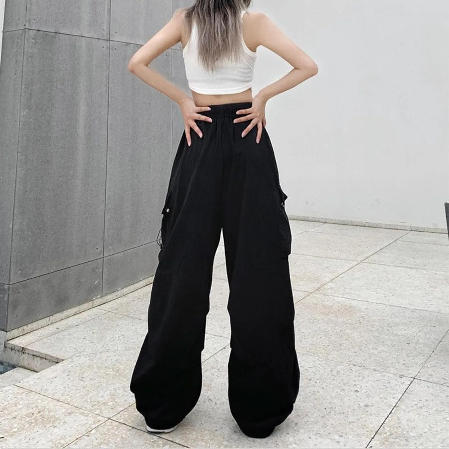 Cargo Pants Women Baggy Y2K High Waisted Plus Size Camo Parachute Track Pants Elastic Adjustable Hiking Joggers with Pockets