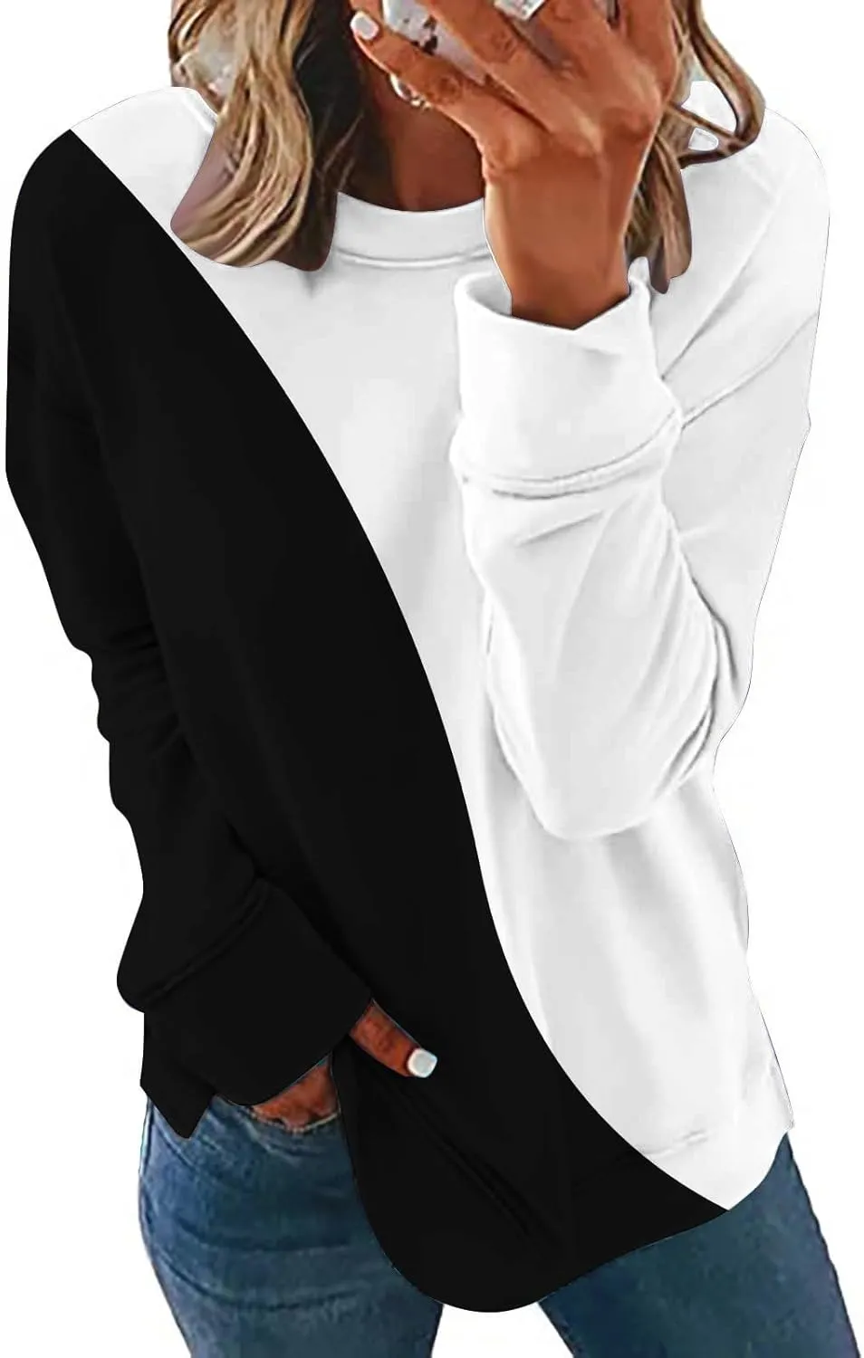 Ceboyel Women Crewneck Sweatshirts 2023 Color Block Pullover Long Sleeve Shirts Loose Fit Fall Fashion Clothing