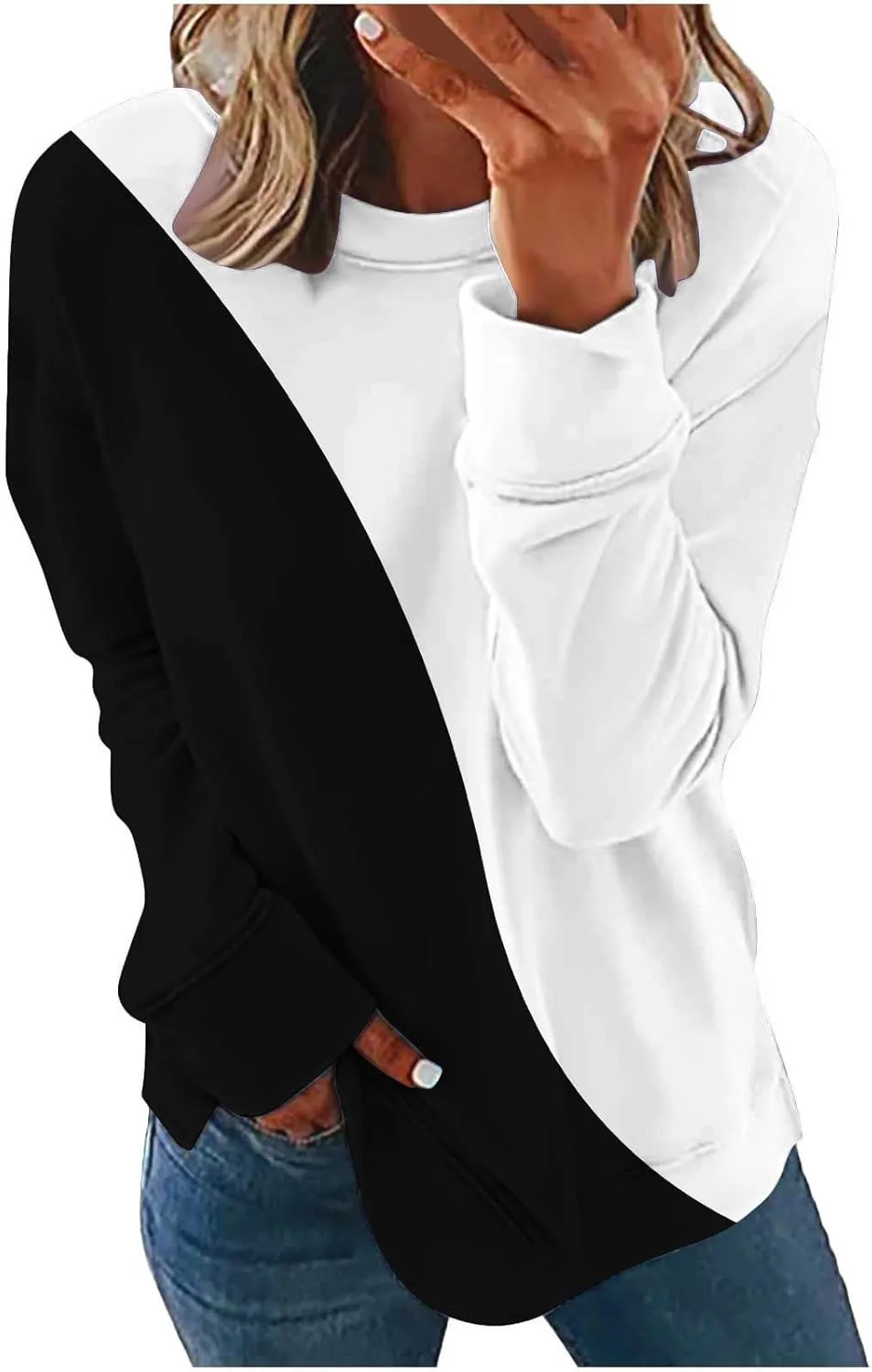 Ceboyel Women Crewneck Sweatshirts 2023 Color Block Pullover Long Sleeve Shirts Loose Fit Fall Fashion Clothing