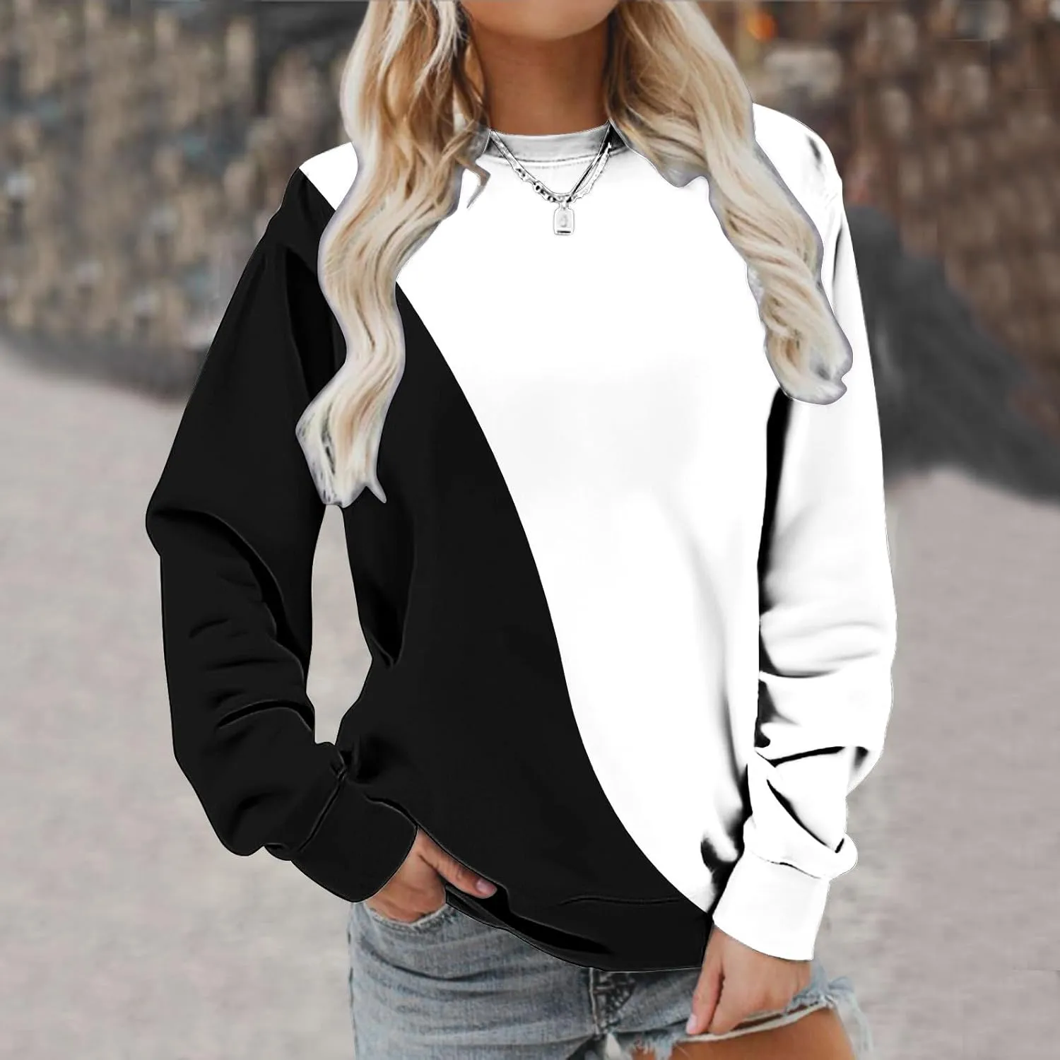 Ceboyel Women Crewneck Sweatshirts 2023 Color Block Pullover Long Sleeve Shirts Loose Fit Fall Fashion Clothing