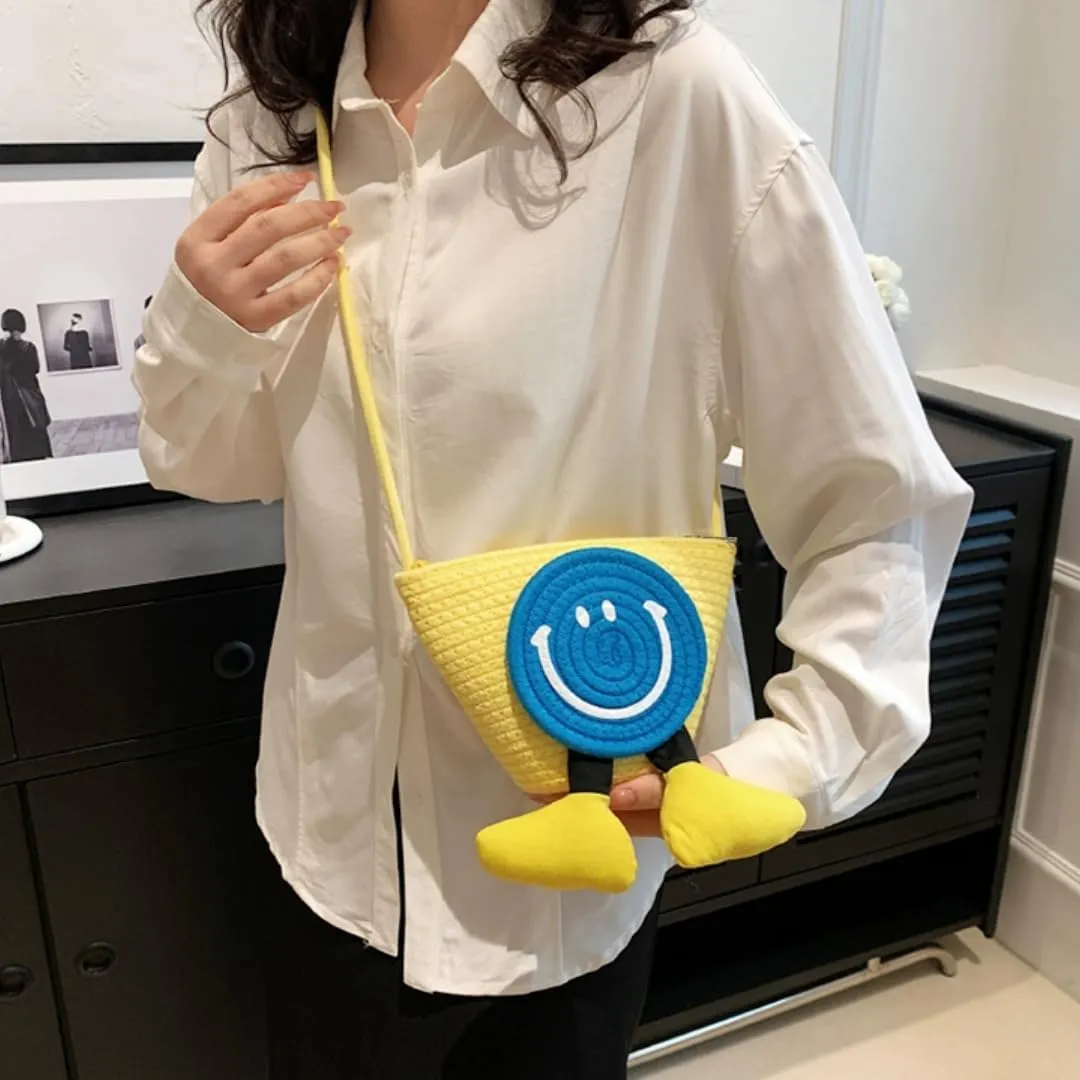 Charming Cartoon Weaved Beach Bag for Women - Straw Bucket Purse with Smile Design, Versatile Crossbody & Handbag