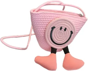 Charming Cartoon Weaved Beach Bag for Women - Straw Bucket Purse with Smile Design, Versatile Crossbody & Handbag