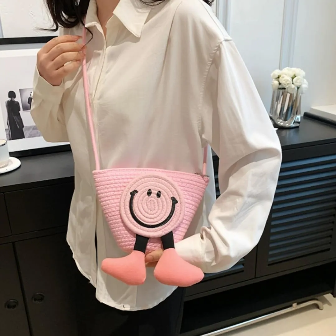 Charming Cartoon Weaved Beach Bag for Women - Straw Bucket Purse with Smile Design, Versatile Crossbody & Handbag