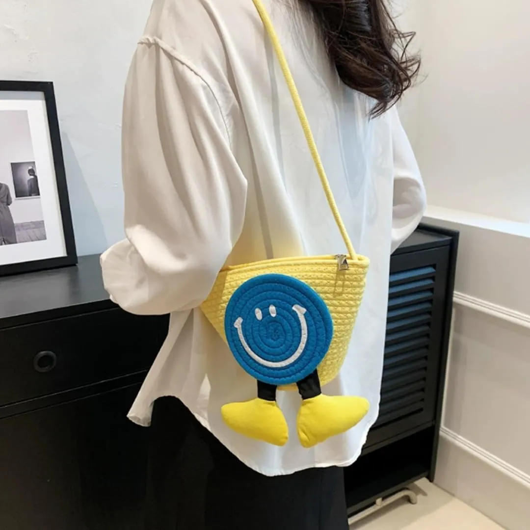 Charming Cartoon Weaved Beach Bag for Women - Straw Bucket Purse with Smile Design, Versatile Crossbody & Handbag