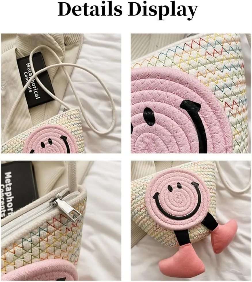 Charming Cartoon Weaved Beach Bag for Women - Straw Bucket Purse with Smile Design, Versatile Crossbody & Handbag