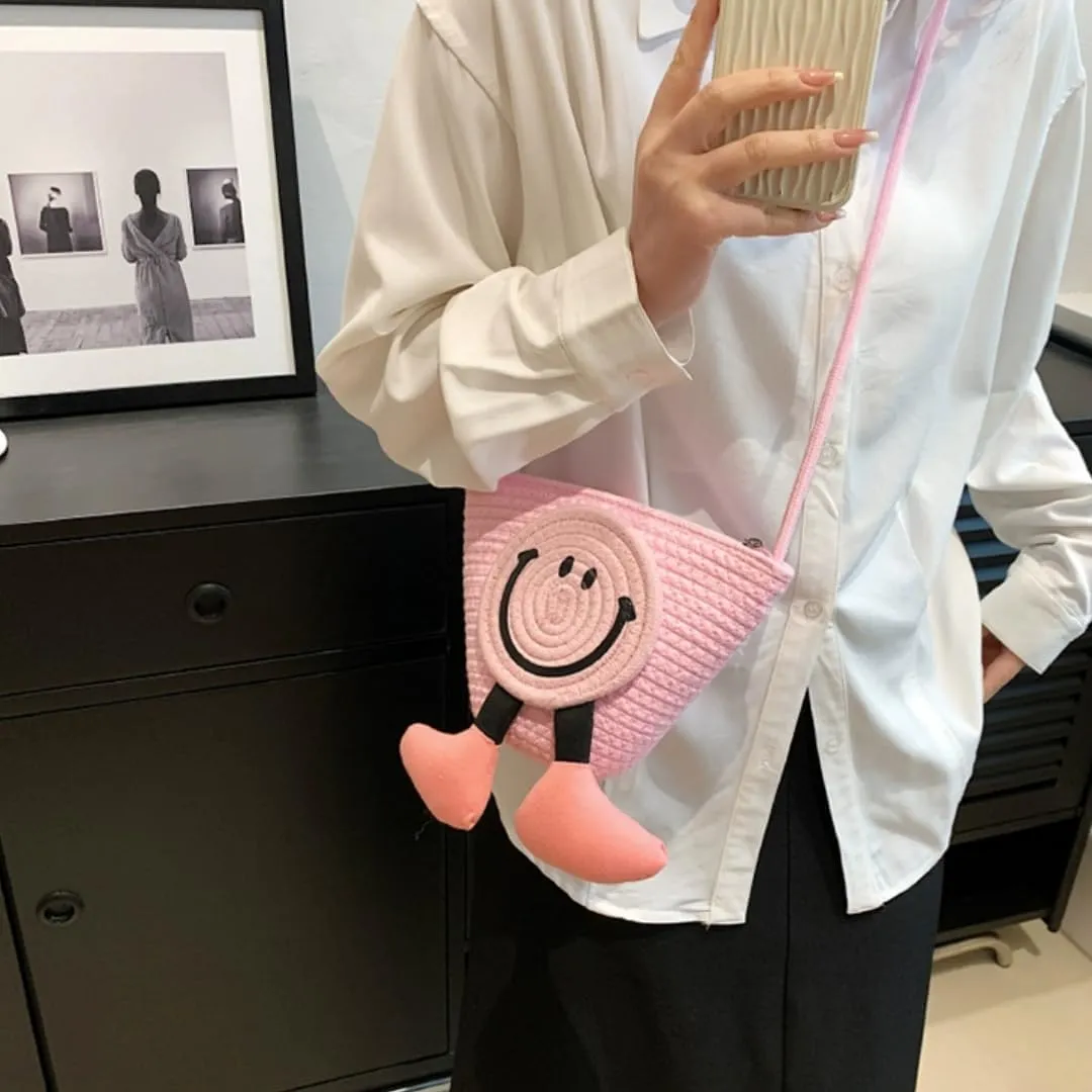 Charming Cartoon Weaved Beach Bag for Women - Straw Bucket Purse with Smile Design, Versatile Crossbody & Handbag