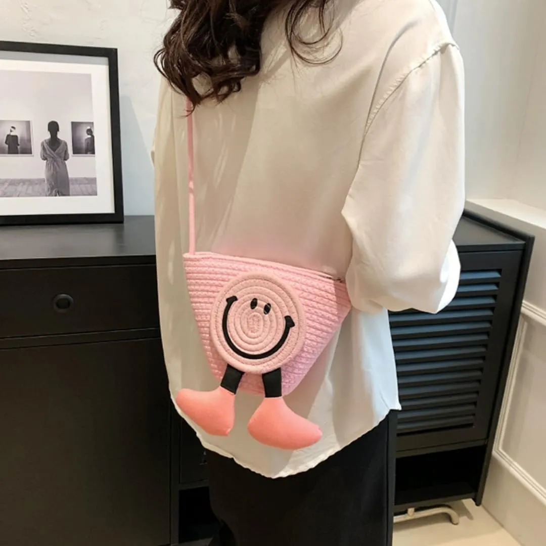 Charming Cartoon Weaved Beach Bag for Women - Straw Bucket Purse with Smile Design, Versatile Crossbody & Handbag