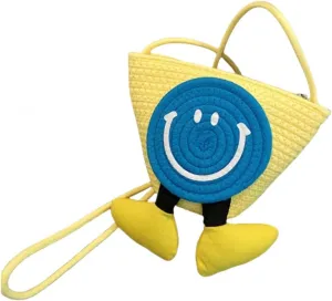Charming Cartoon Weaved Beach Bag for Women - Straw Bucket Purse with Smile Design, Versatile Crossbody & Handbag