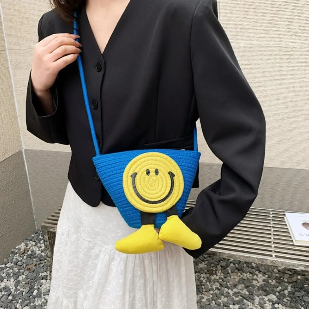 Charming Cartoon Weaved Beach Bag for Women - Straw Bucket Purse with Smile Design, Versatile Crossbody & Handbag