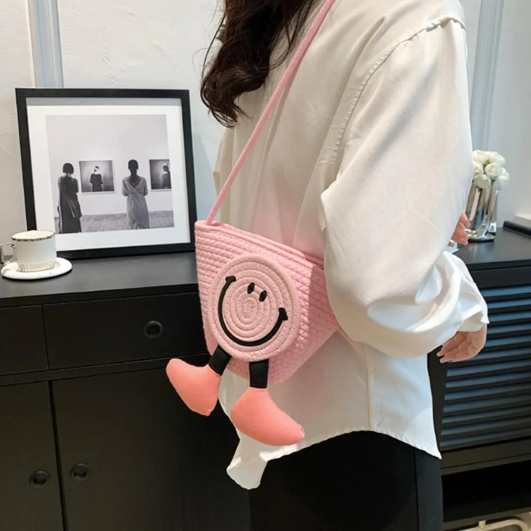 Charming Cartoon Weaved Beach Bag for Women - Straw Bucket Purse with Smile Design, Versatile Crossbody & Handbag
