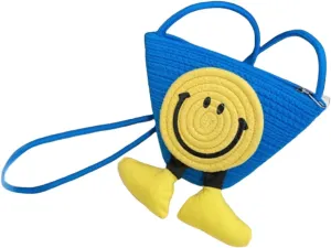 Charming Cartoon Weaved Beach Bag for Women - Straw Bucket Purse with Smile Design, Versatile Crossbody & Handbag