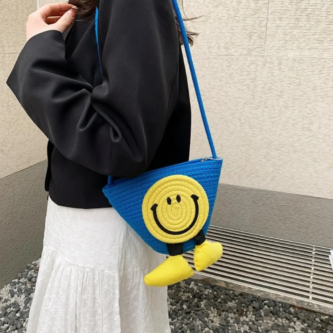 Charming Cartoon Weaved Beach Bag for Women - Straw Bucket Purse with Smile Design, Versatile Crossbody & Handbag
