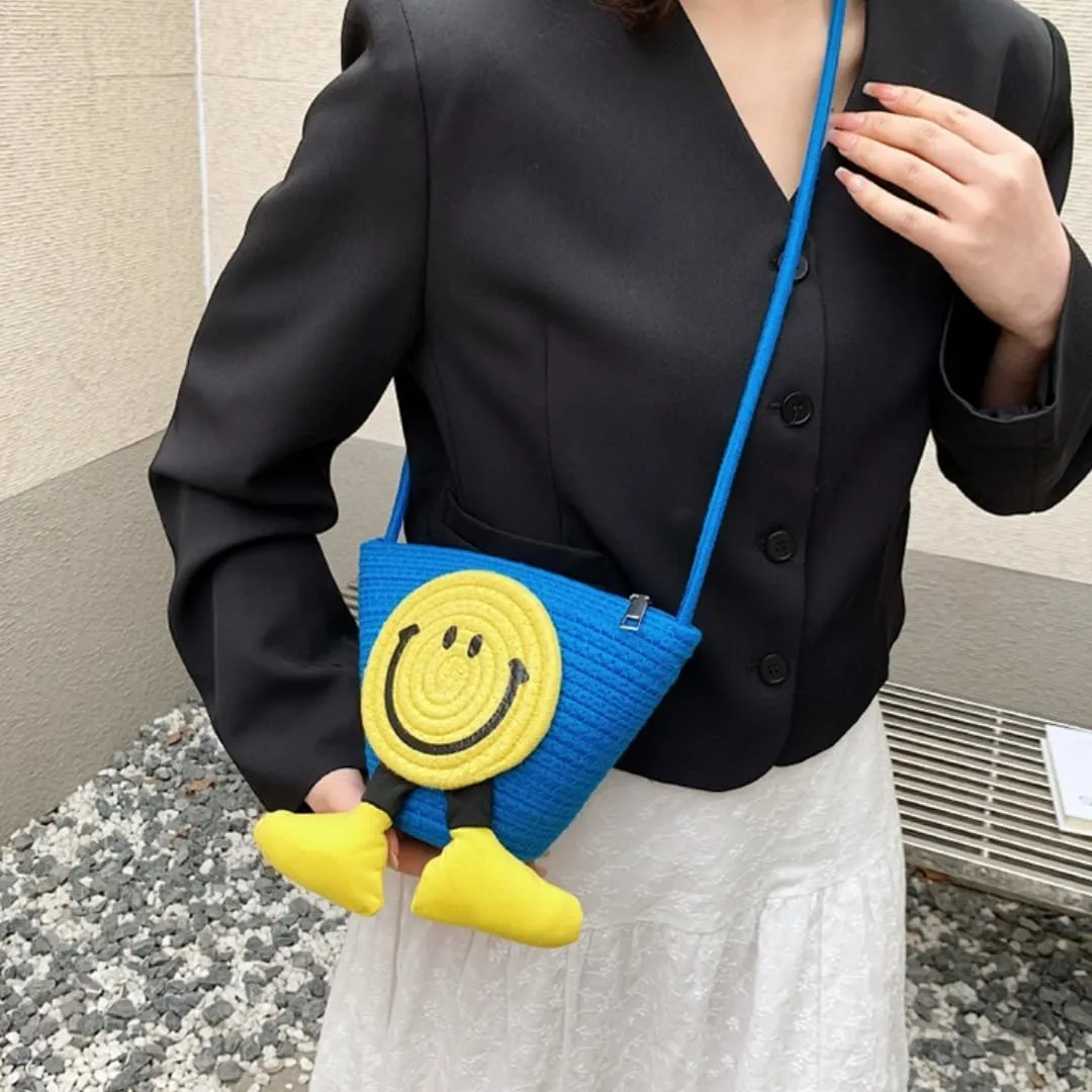 Charming Cartoon Weaved Beach Bag for Women - Straw Bucket Purse with Smile Design, Versatile Crossbody & Handbag