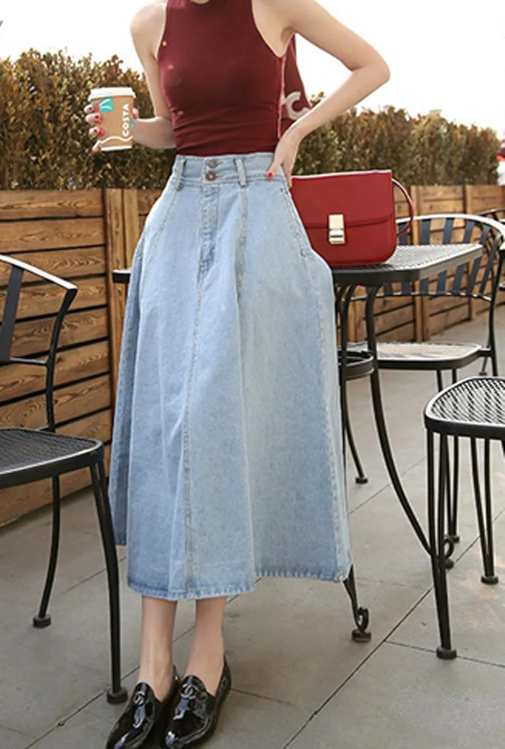 CHARTOU Vintage Long Jean Skirt for Women Denim A Line Skirt Ruffle High Waist Flared Pleated Jean Skirt