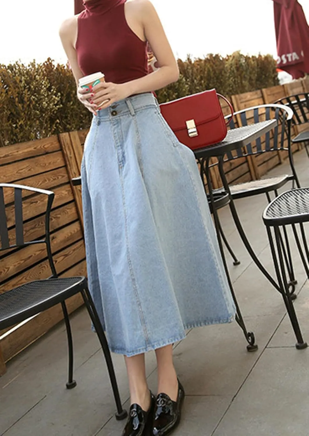CHARTOU Vintage Long Jean Skirt for Women Denim A Line Skirt Ruffle High Waist Flared Pleated Jean Skirt