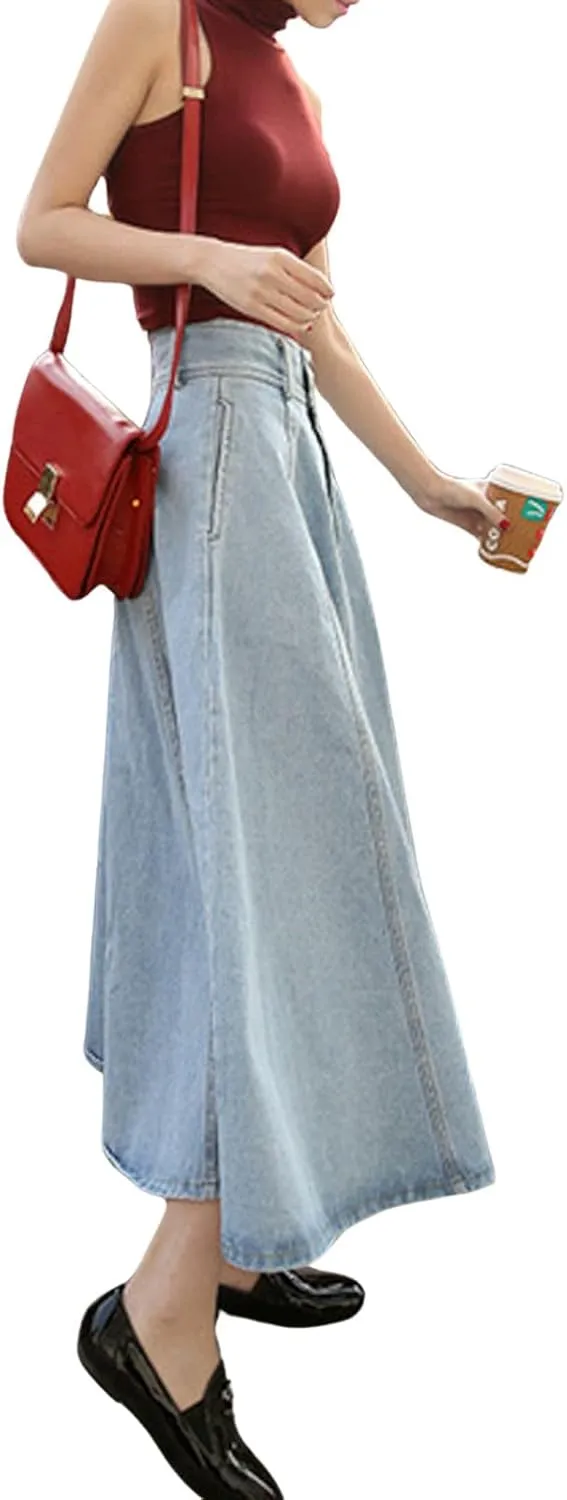 CHARTOU Vintage Long Jean Skirt for Women Denim A Line Skirt Ruffle High Waist Flared Pleated Jean Skirt