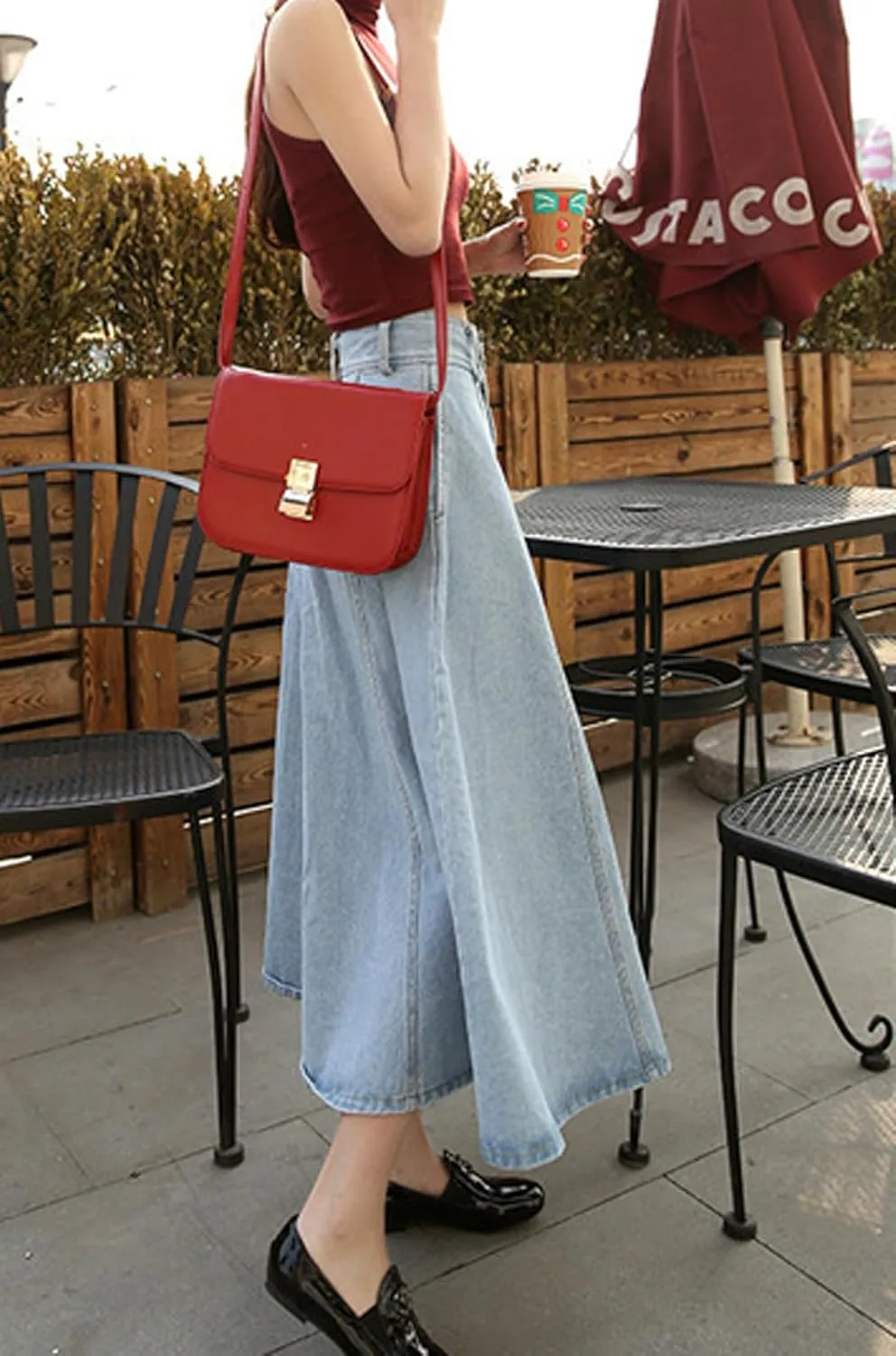 CHARTOU Vintage Long Jean Skirt for Women Denim A Line Skirt Ruffle High Waist Flared Pleated Jean Skirt