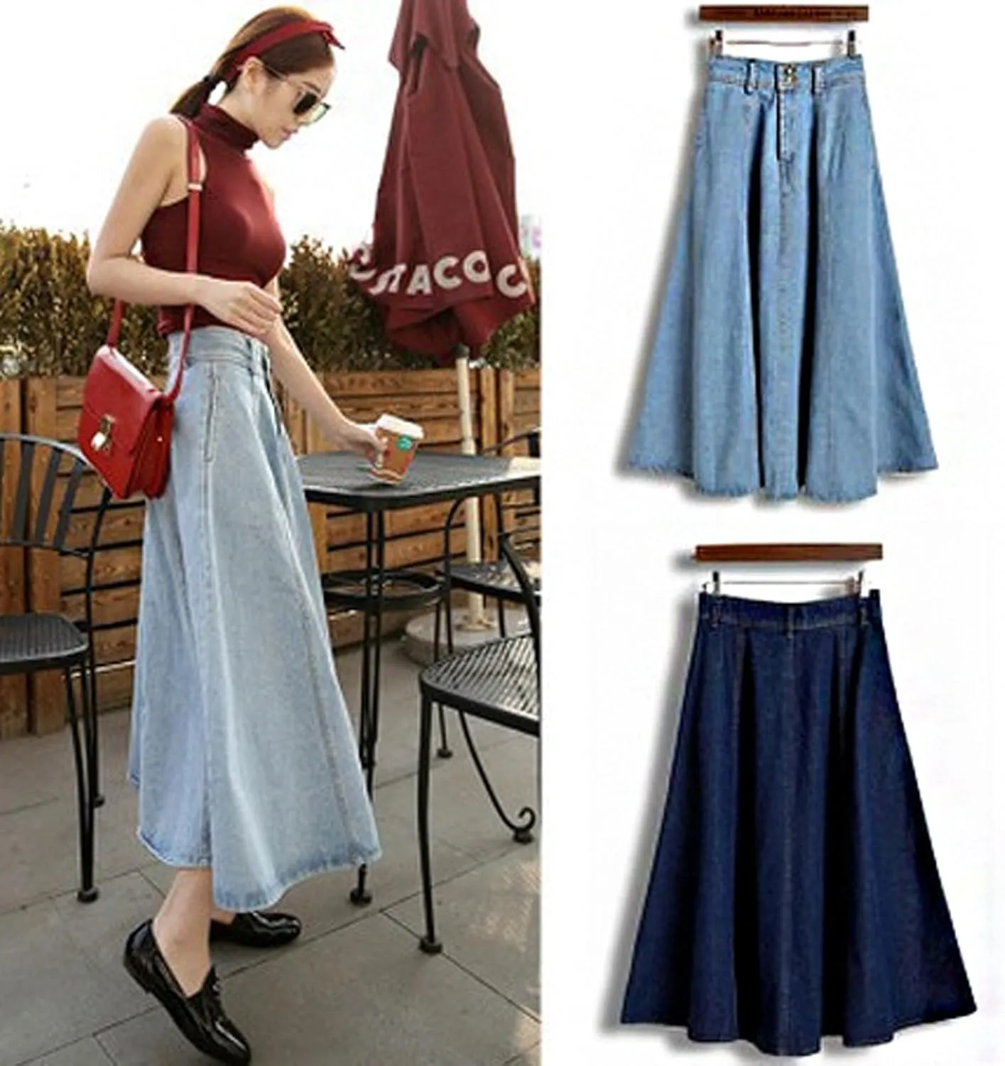 CHARTOU Vintage Long Jean Skirt for Women Denim A Line Skirt Ruffle High Waist Flared Pleated Jean Skirt