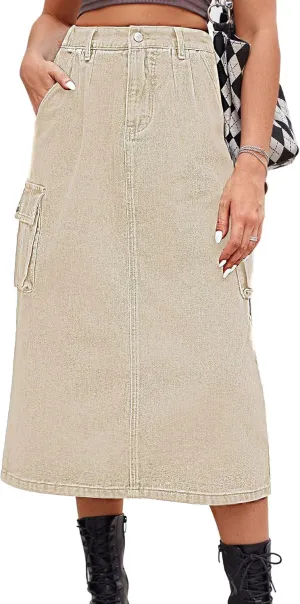 CHARTOU Women Casual High Waisted Denim Skirt Midi Jean Skirt Elastic Back A Line Skirt with Pockets
