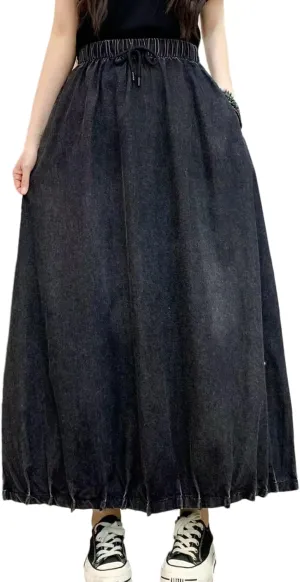 CHARTOU Women Maxi Denim Skirt Long Jean Skirt Pleated Elastic Waist A Line Skirt Casual Western Skirt Pockets