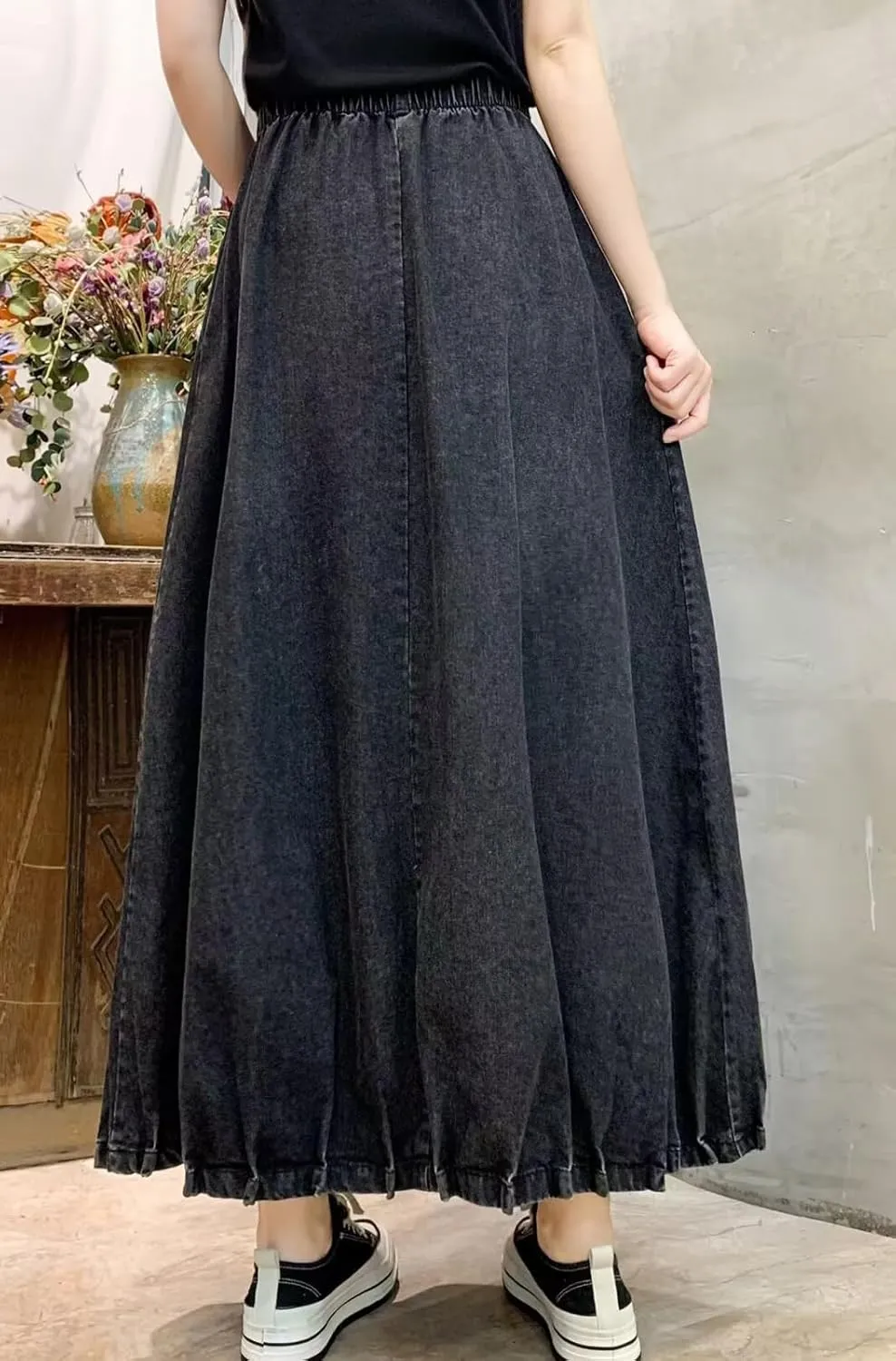 CHARTOU Women Maxi Denim Skirt Long Jean Skirt Pleated Elastic Waist A Line Skirt Casual Western Skirt Pockets