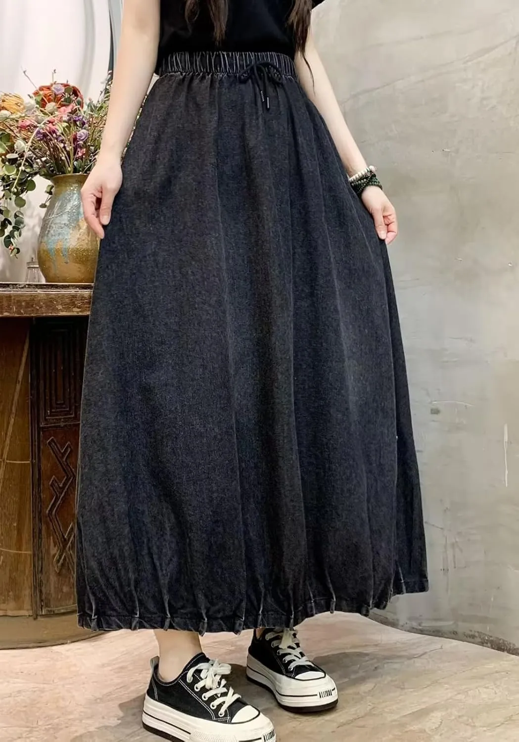 CHARTOU Women Maxi Denim Skirt Long Jean Skirt Pleated Elastic Waist A Line Skirt Casual Western Skirt Pockets