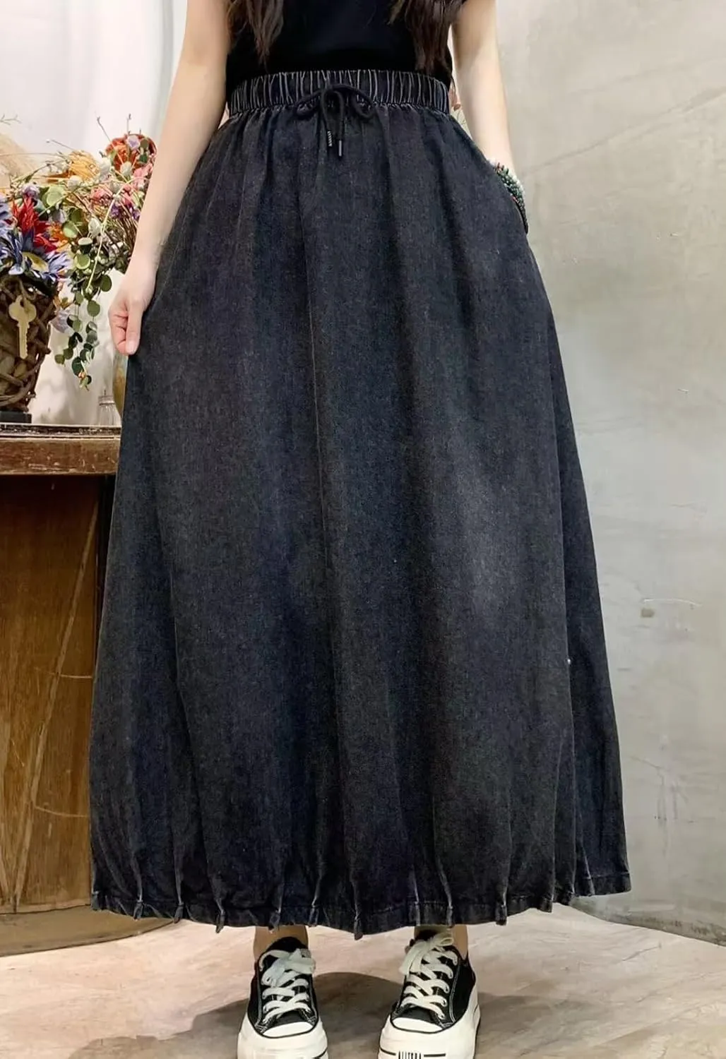 CHARTOU Women Maxi Denim Skirt Long Jean Skirt Pleated Elastic Waist A Line Skirt Casual Western Skirt Pockets