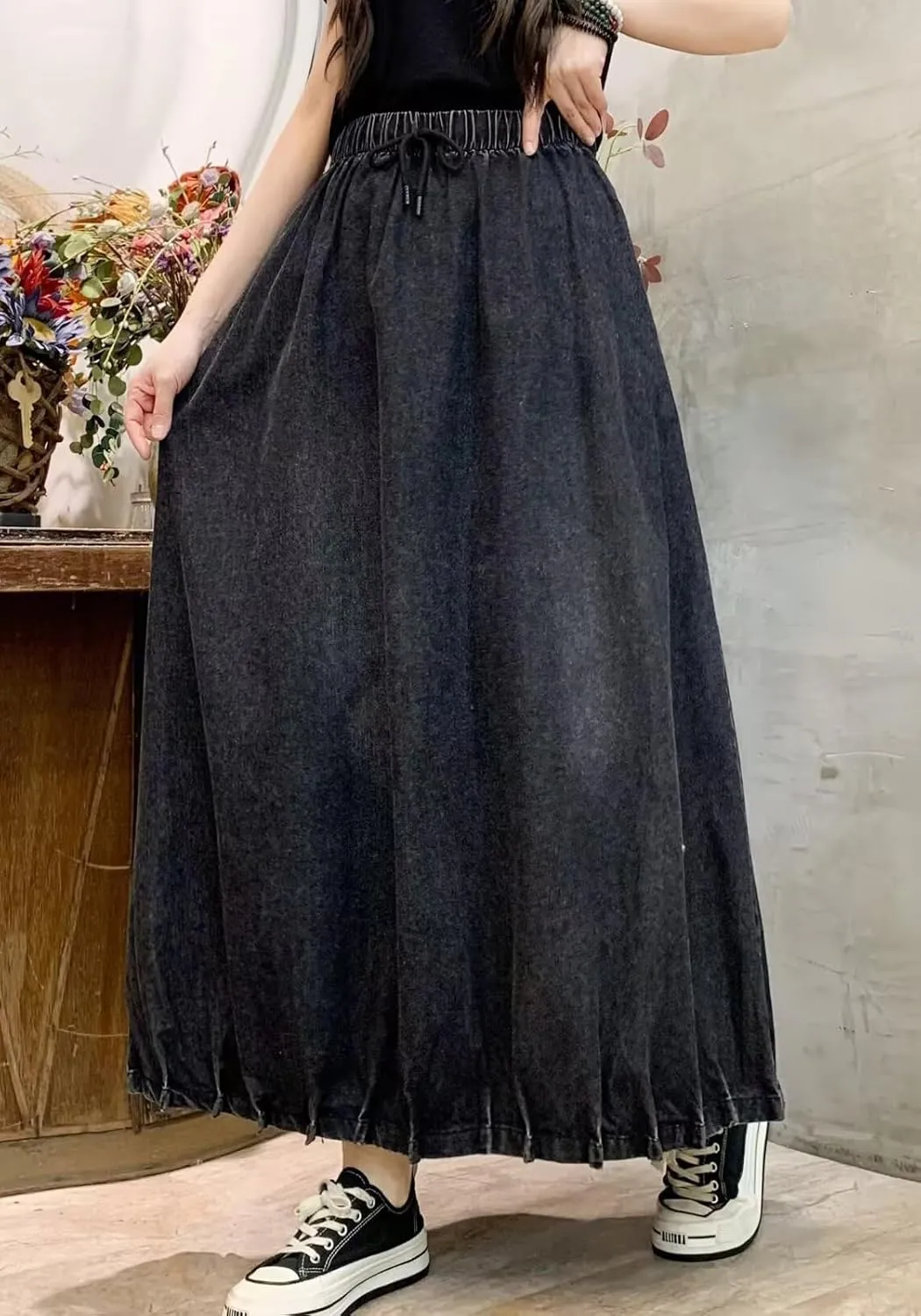 CHARTOU Women Maxi Denim Skirt Long Jean Skirt Pleated Elastic Waist A Line Skirt Casual Western Skirt Pockets