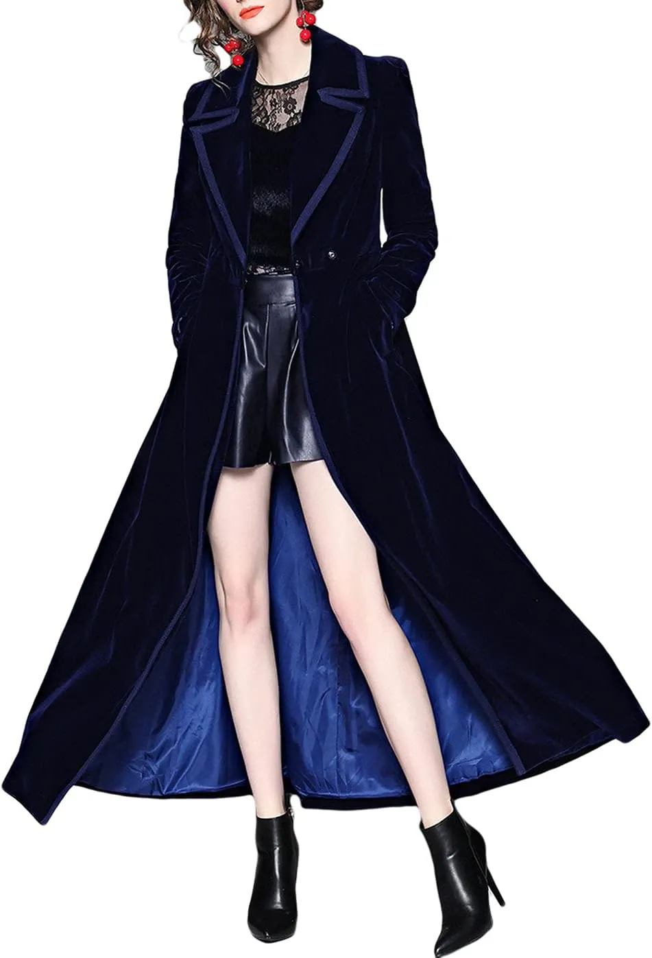 CHARTOU Women's Elegant Velvet One Button Maxi Trench Coat Pocket Party Overcoat