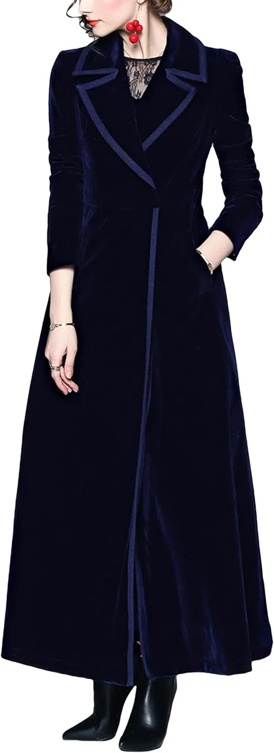 CHARTOU Women's Elegant Velvet One Button Maxi Trench Coat Pocket Party Overcoat