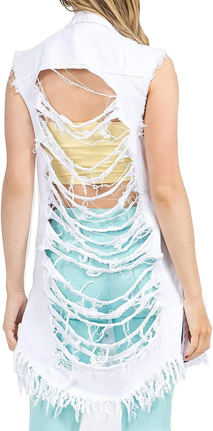 CHARTOU Women's Ripped Sleeveless Denim Vest Distressed Button Down Jean Jacket Outerwear