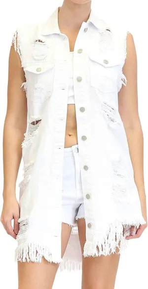 CHARTOU Women's Ripped Sleeveless Denim Vest Distressed Button Down Jean Jacket Outerwear