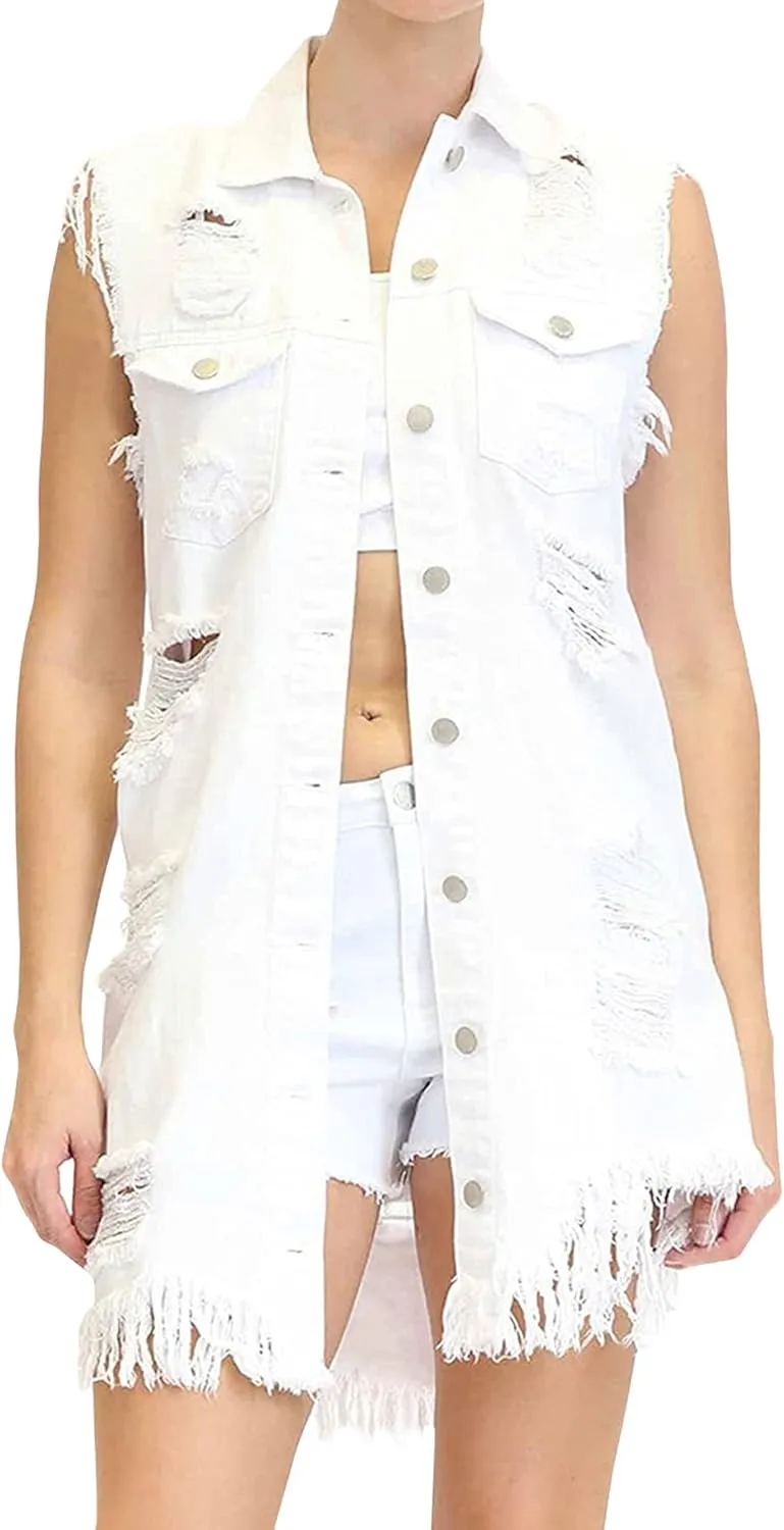 CHARTOU Women's Ripped Sleeveless Denim Vest Distressed Button Down Jean Jacket Outerwear