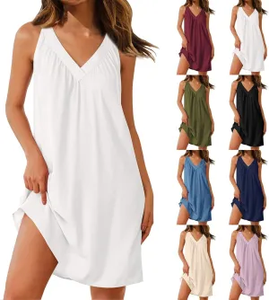 Chemise Nightgown for Women Sleeveless Sleepwear Lightweight Racerback Sleep Shirt Pleated V Neck Night Short Dress