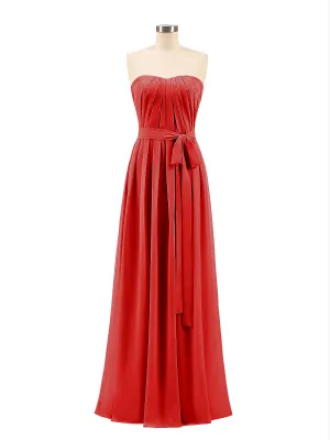 Chiffon Strapless Bridesmaid Gown with Sash-Red Plus Size