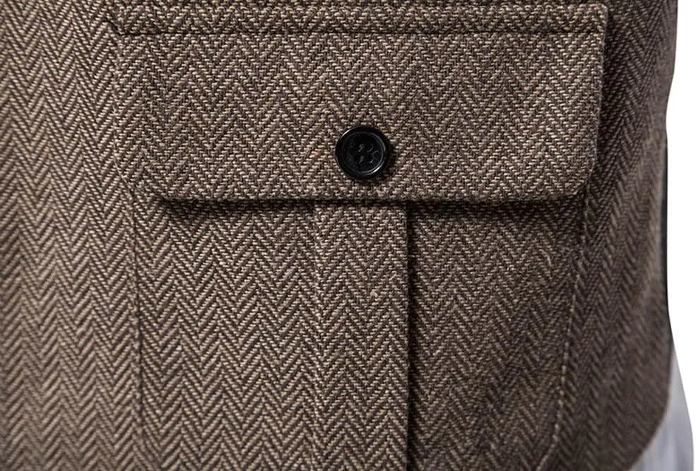 chouyatou Men's Herringbone Tweed Vest Notched Lapel Single Breasted Sleeveless Vest Jacket