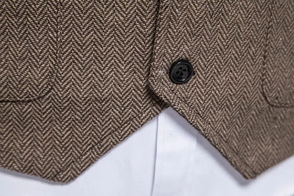 chouyatou Men's Herringbone Tweed Vest Notched Lapel Single Breasted Sleeveless Vest Jacket