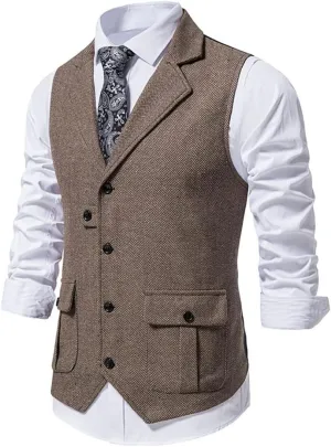 chouyatou Men's Herringbone Tweed Vest Notched Lapel Single Breasted Sleeveless Vest Jacket