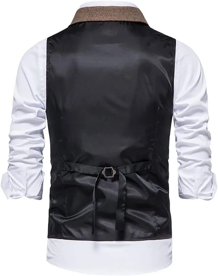 chouyatou Men's Herringbone Tweed Vest Notched Lapel Single Breasted Sleeveless Vest Jacket