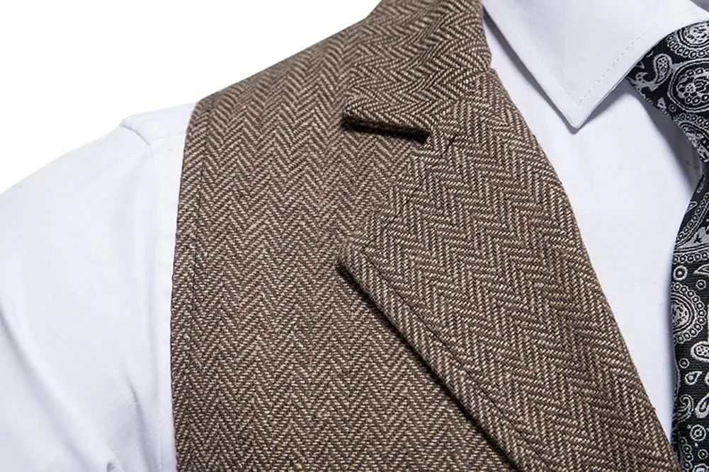 chouyatou Men's Herringbone Tweed Vest Notched Lapel Single Breasted Sleeveless Vest Jacket