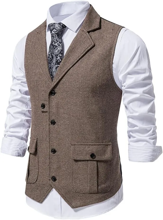 chouyatou Men's Herringbone Tweed Vest Notched Lapel Single Breasted Sleeveless Vest Jacket