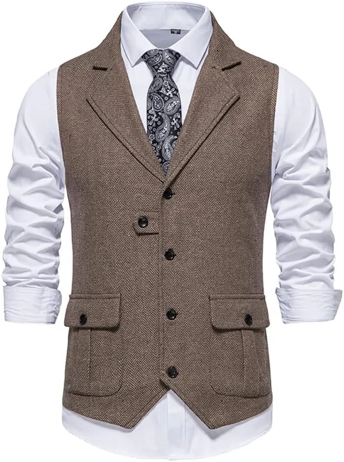 chouyatou Men's Herringbone Tweed Vest Notched Lapel Single Breasted Sleeveless Vest Jacket