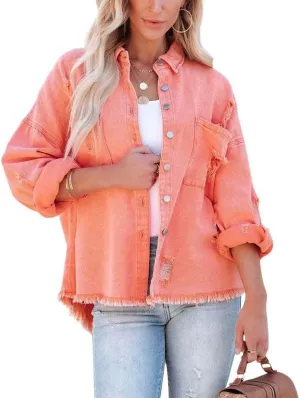 chouyatou Women's Boyfriend Ripped Holes Frayed Raw Hem Distressed Denim Jacket