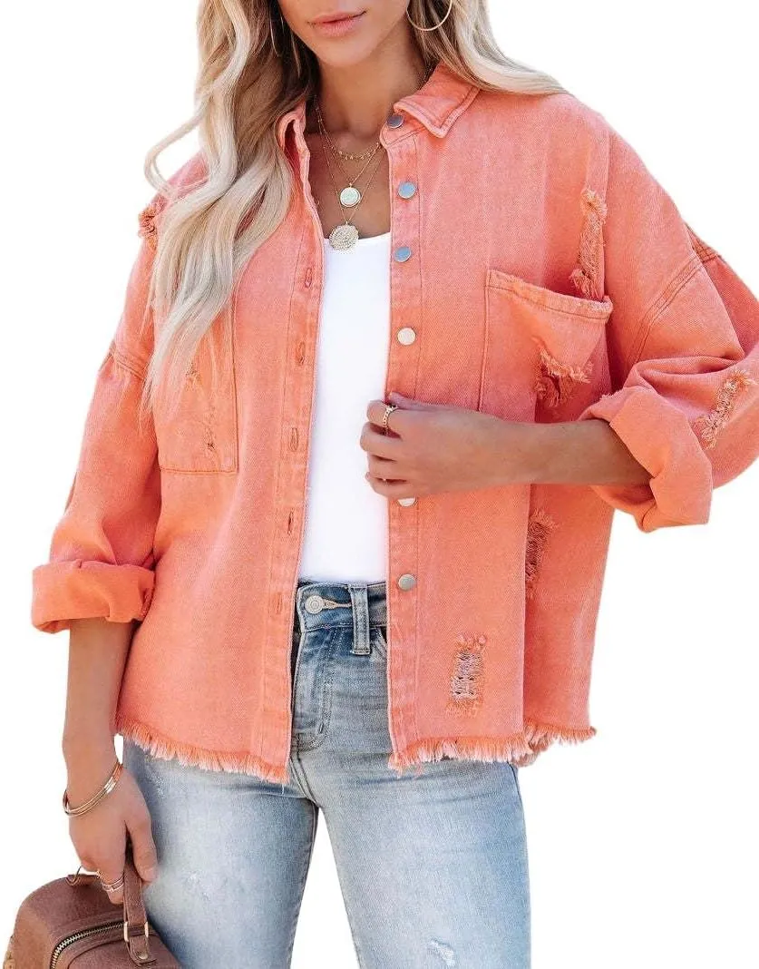 chouyatou Women's Boyfriend Ripped Holes Frayed Raw Hem Distressed Denim Jacket
