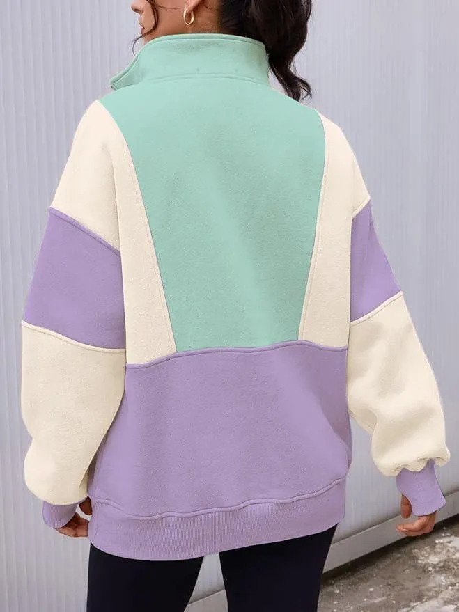 Chvity Women's Half Zip Oversized Sweatshirts Fleece Color Block Long Sleeve Hoodies Casual Fashion Sweaters with Pockerts
