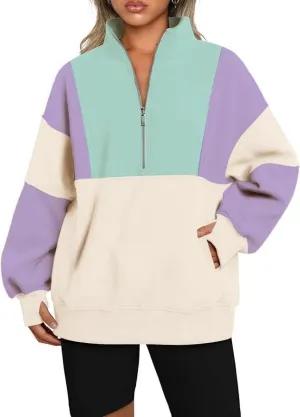 Chvity Women's Half Zip Oversized Sweatshirts Fleece Color Block Long Sleeve Hoodies Casual Fashion Sweaters with Pockerts