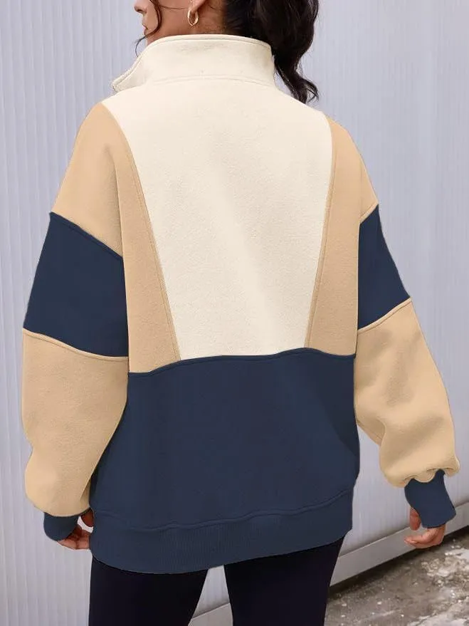 Chvity Women's Half Zip Oversized Sweatshirts Fleece Color Block Long Sleeve Hoodies Casual Fashion Sweaters with Pockerts